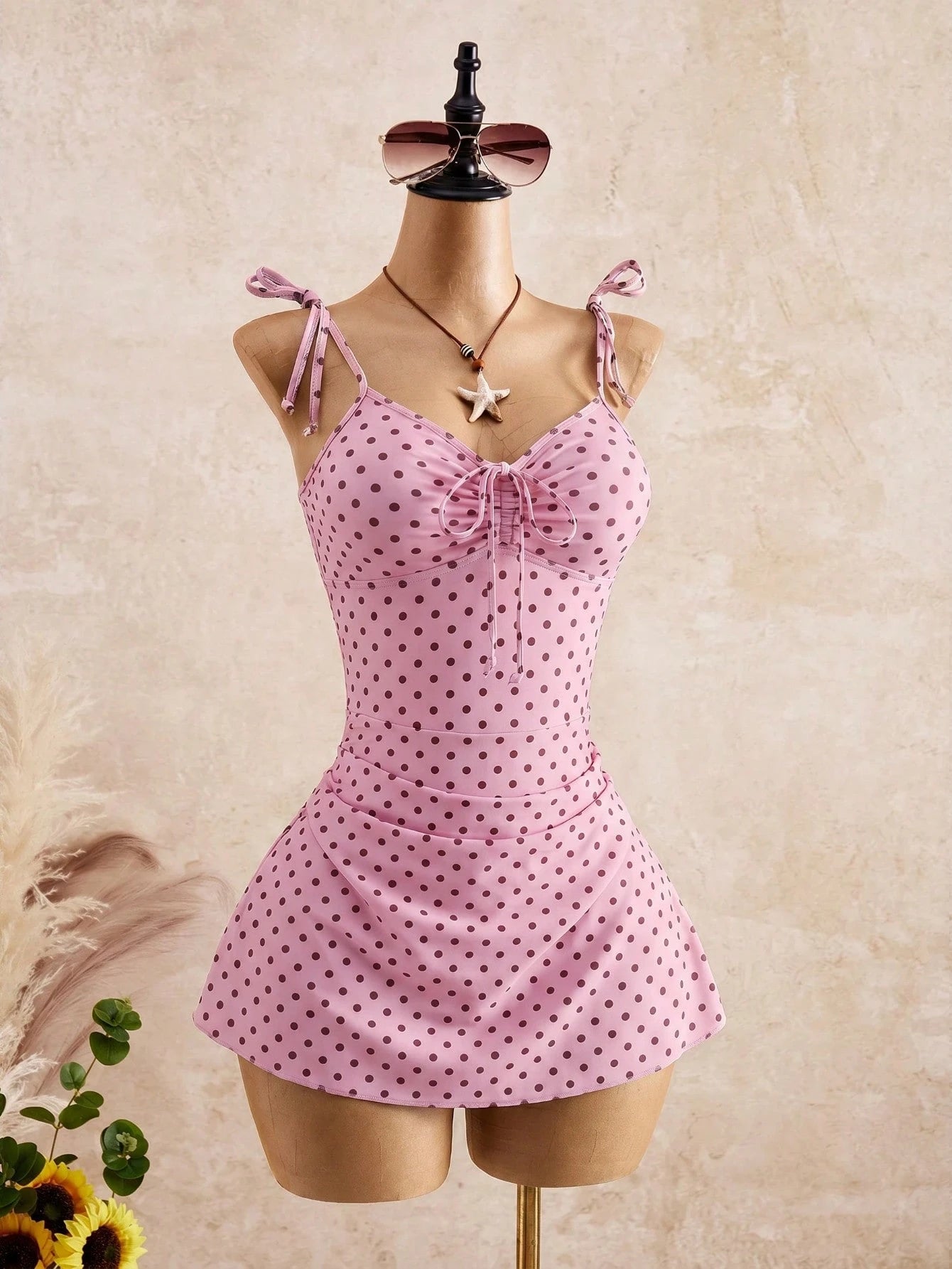 Bellisia 2026 SS Women's Beach Dress, One-Piece Swimsuit, Spring/Summer Vacation, Afternoon Tea, Picnic, Elegant Lady, Fresh Sweet Ditsy Floral, Adjustable Drawstring, Bow Tie Strap, Spaghetti Strap B
