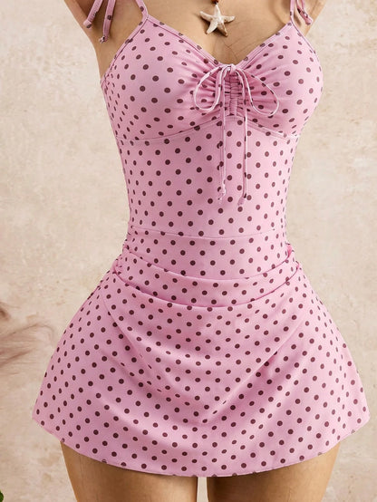 Bellisia 2026 SS Women's Beach Dress, One-Piece Swimsuit, Spring/Summer Vacation, Afternoon Tea, Picnic, Elegant Lady, Fresh Sweet Ditsy Floral, Adjustable Drawstring, Bow Tie Strap, Spaghetti Strap B