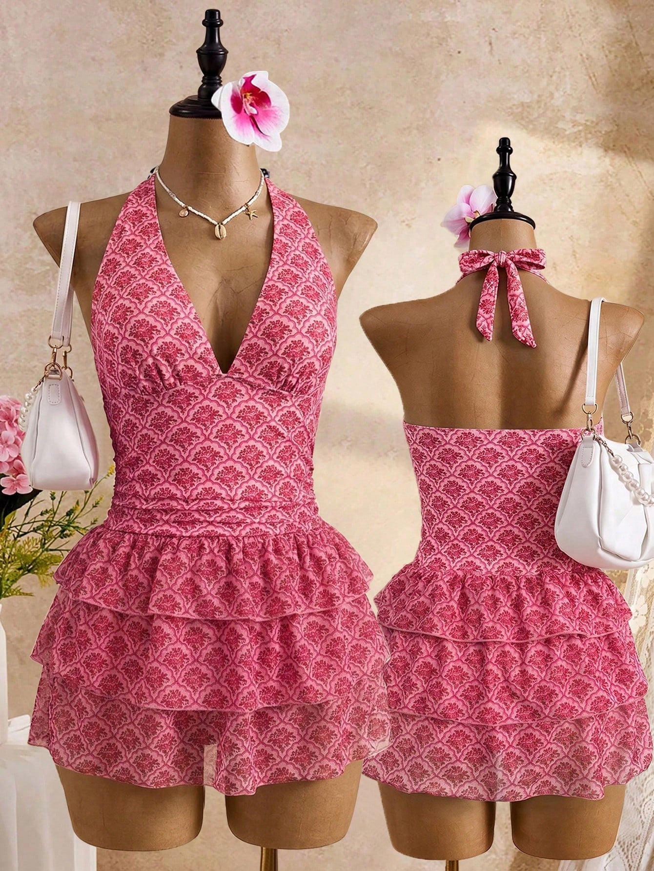 Bellisia Black With White Polka Dot Print Halter Neck Tie Deep V-Neck Backless Design Three-Layer Same Print Tulle Ruffle Tiered Cake Skirt Summer Beach Vacation Pool Party Sweet Cute Style Women's Sw