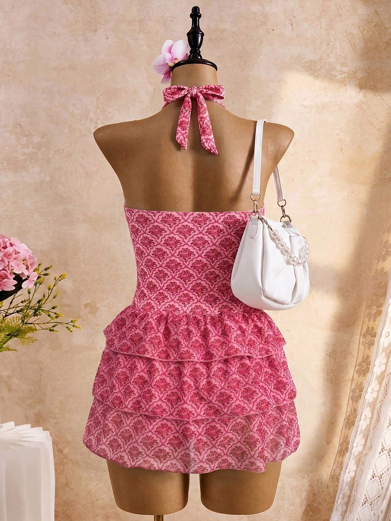 Bellisia Black With White Polka Dot Print Halter Neck Tie Deep V-Neck Backless Design Three-Layer Same Print Tulle Ruffle Tiered Cake Skirt Summer Beach Vacation Pool Party Sweet Cute Style Women's Sw
