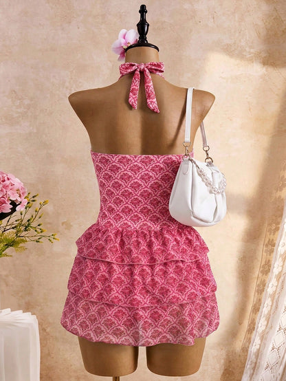 Bellisia Black With White Polka Dot Print Halter Neck Tie Deep V-Neck Backless Design Three-Layer Same Print Tulle Ruffle Tiered Cake Skirt Summer Beach Vacation Pool Party Sweet Cute Style Women's Sw