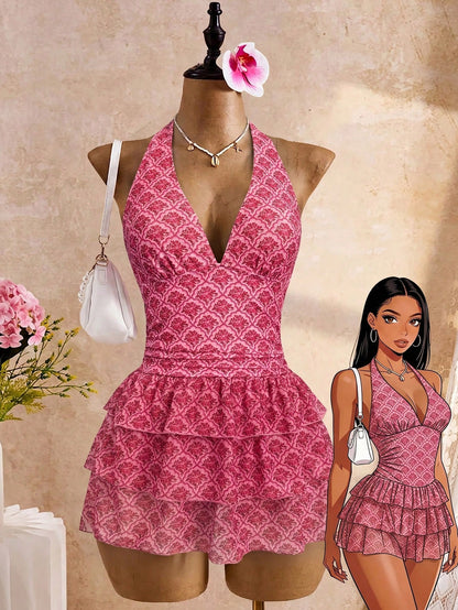 Bellisia Black With White Polka Dot Print Halter Neck Tie Deep V-Neck Backless Design Three-Layer Same Print Tulle Ruffle Tiered Cake Skirt Summer Beach Vacation Pool Party Sweet Cute Style Women's Sw