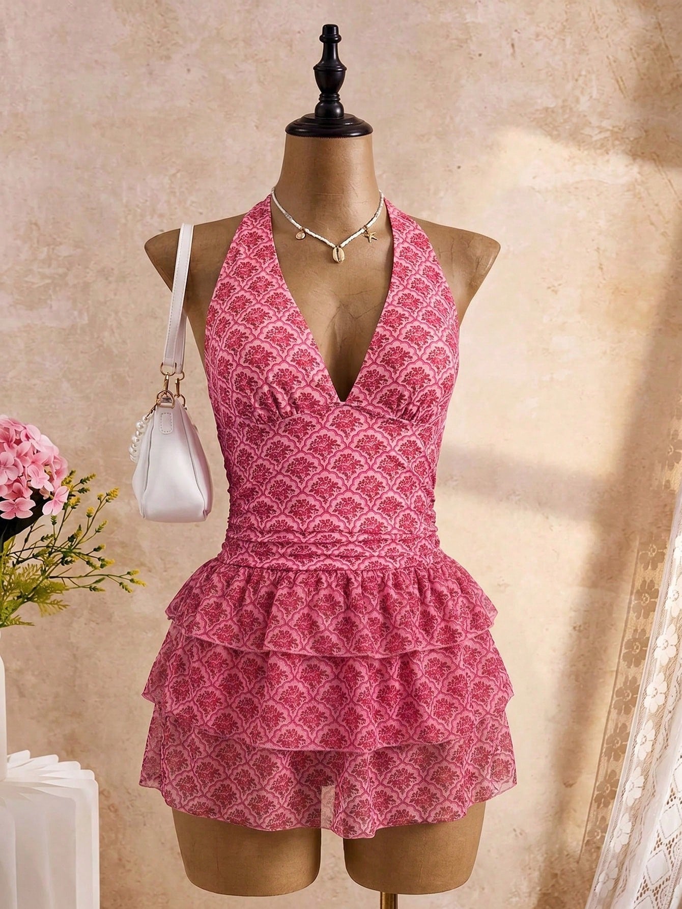 Bellisia Black With White Polka Dot Print Halter Neck Tie Deep V-Neck Backless Design Three-Layer Same Print Tulle Ruffle Tiered Cake Skirt Summer Beach Vacation Pool Party Sweet Cute Style Women's Sw