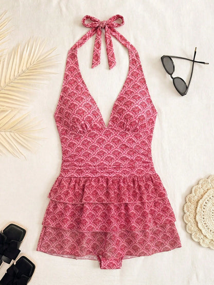 Bellisia Black With White Polka Dot Print Halter Neck Tie Deep V-Neck Backless Design Three-Layer Same Print Tulle Ruffle Tiered Cake Skirt Summer Beach Vacation Pool Party Sweet Cute Style Women's Sw