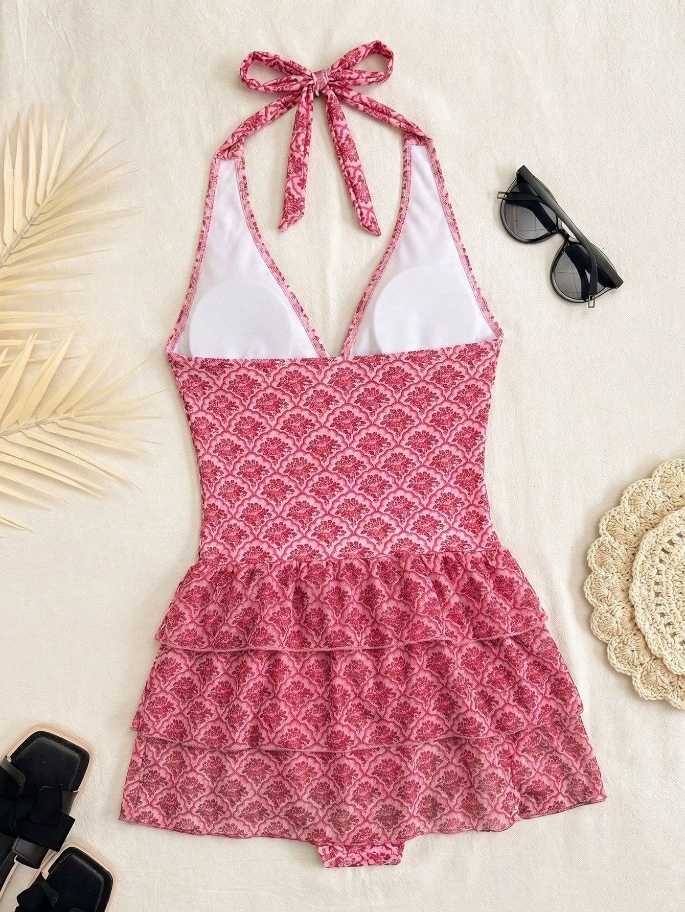 Bellisia Black With White Polka Dot Print Halter Neck Tie Deep V-Neck Backless Design Three-Layer Same Print Tulle Ruffle Tiered Cake Skirt Summer Beach Vacation Pool Party Sweet Cute Style Women's Sw