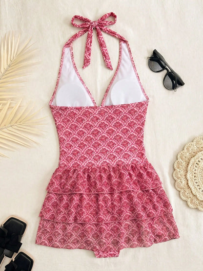 Bellisia Black With White Polka Dot Print Halter Neck Tie Deep V-Neck Backless Design Three-Layer Same Print Tulle Ruffle Tiered Cake Skirt Summer Beach Vacation Pool Party Sweet Cute Style Women's Sw
