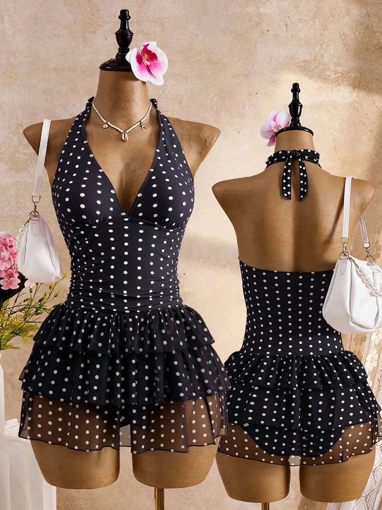 Bellisia Black With White Polka Dot Print Halter Neck Tie Deep V-Neck Backless Design Three-Layer Same Print Tulle Ruffle Tiered Cake Skirt Summer Beach Vacation Pool Party Sweet Cute Style Women's Sw