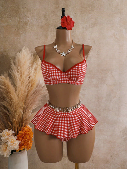 Bellisia Summer Women's 2 Pieces Plaid Print Tankini Swimwear With Underwire, Beige