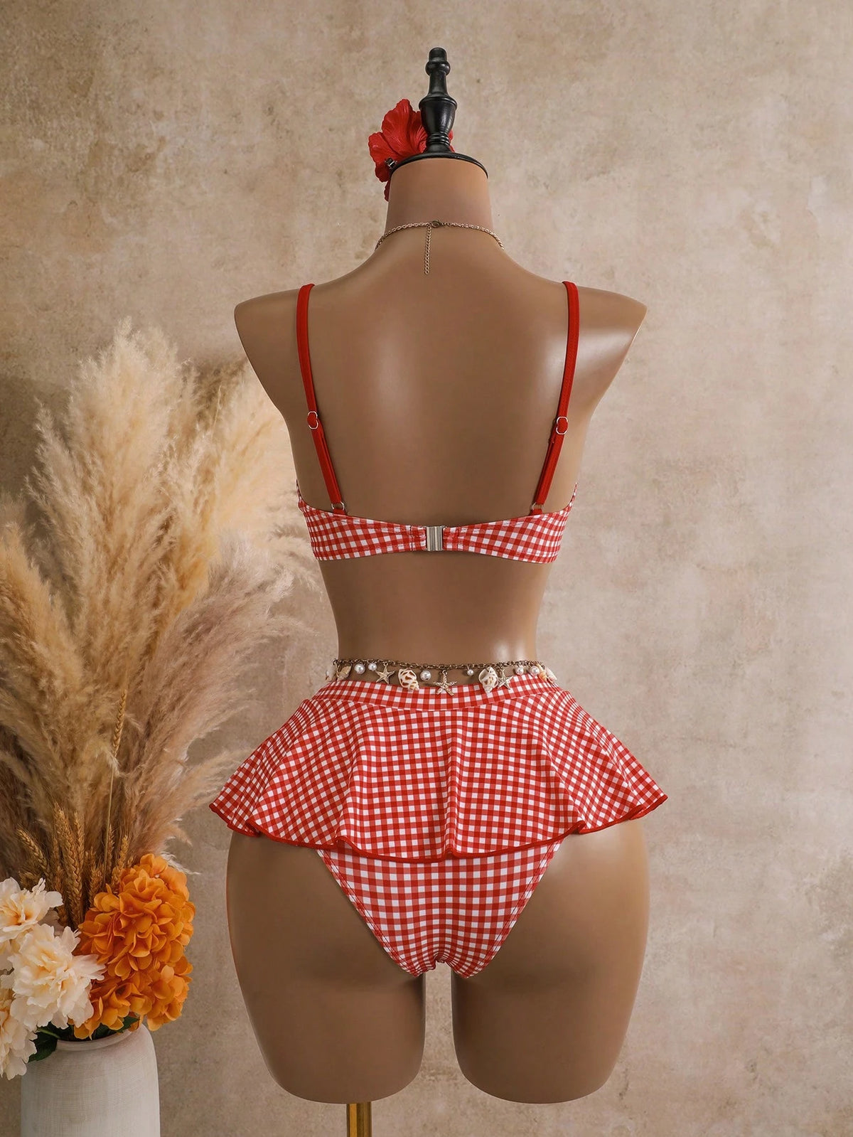 Bellisia Summer Women's 2 Pieces Plaid Print Tankini Swimwear With Underwire, Beige