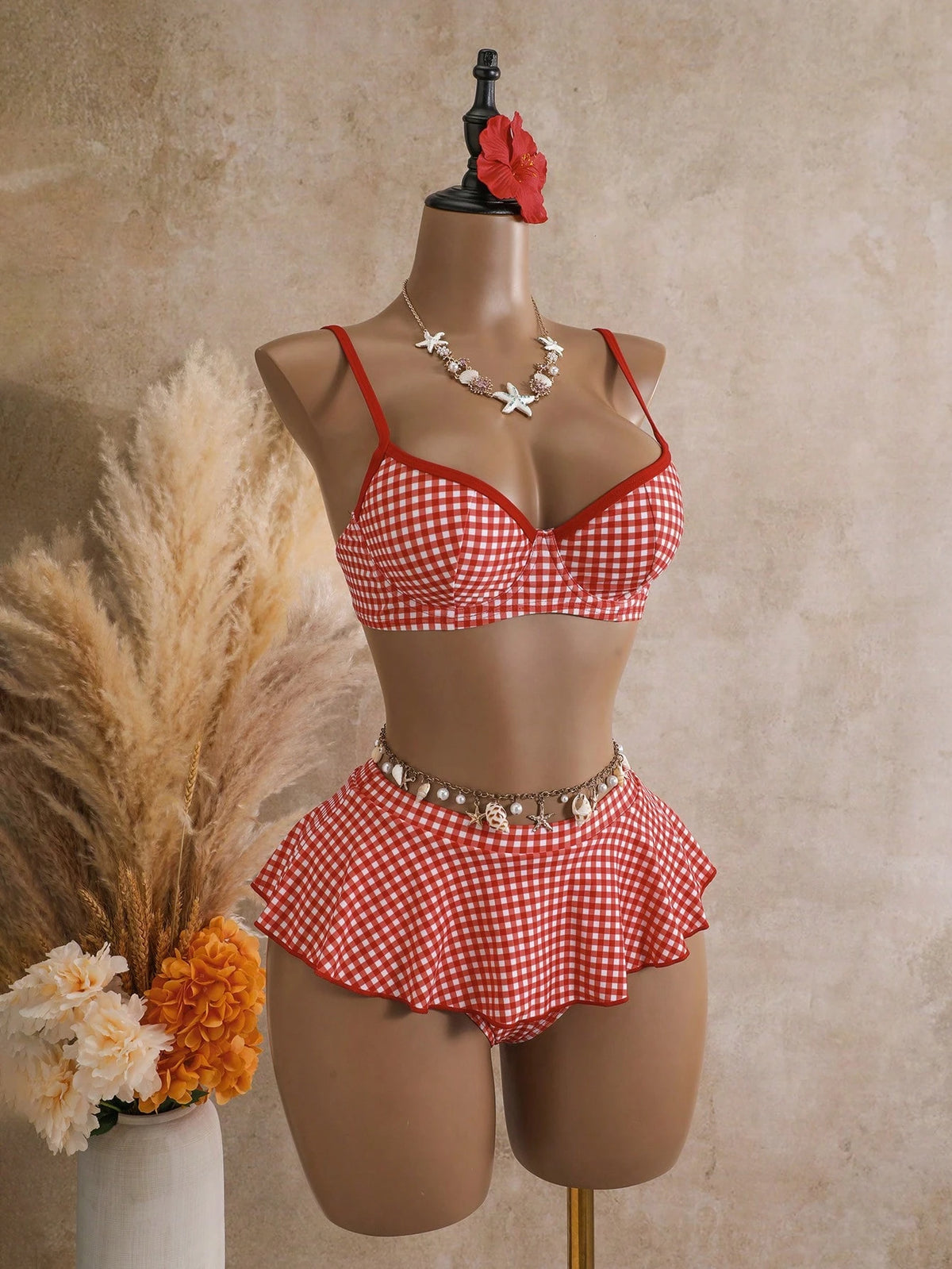 Bellisia Summer Women's 2 Pieces Plaid Print Tankini Swimwear With Underwire, Beige