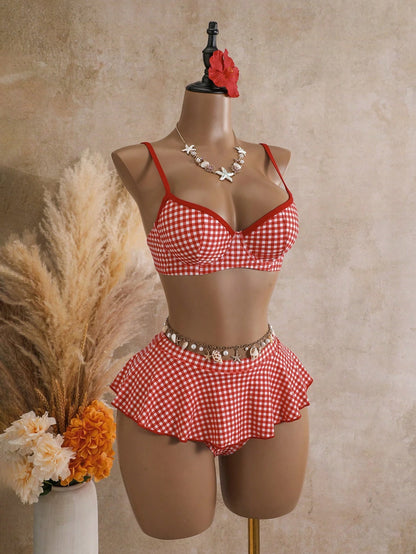 Bellisia Summer Women's 2 Pieces Plaid Print Tankini Swimwear With Underwire, Beige