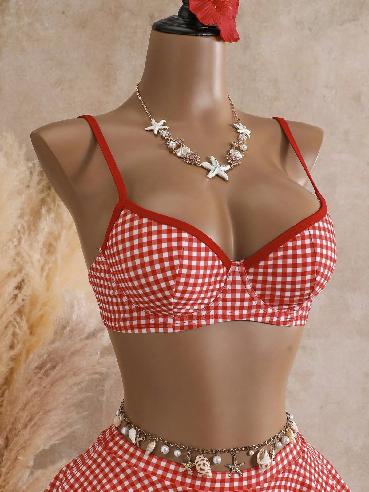 Bellisia Summer Women's 2 Pieces Plaid Print Tankini Swimwear With Underwire, Beige