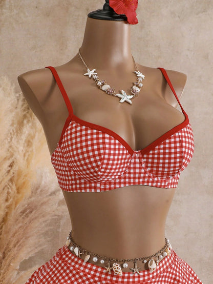 Bellisia Summer Women's 2 Pieces Plaid Print Tankini Swimwear With Underwire, Beige