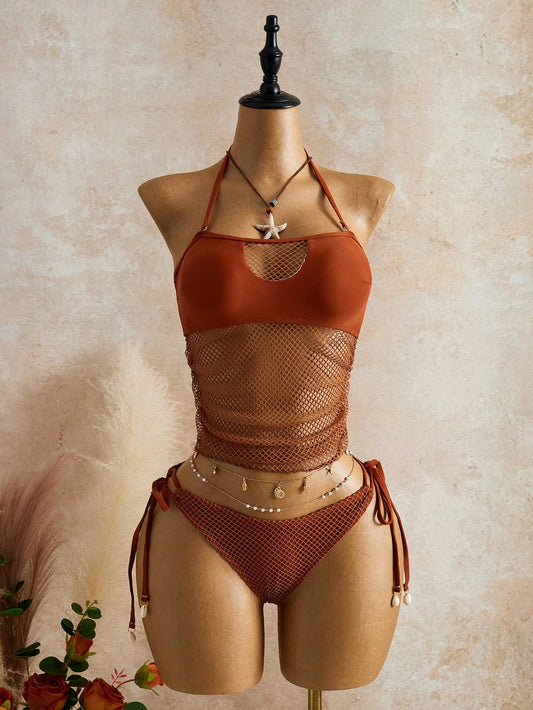 Bellisia Women's Summer Beach Solid Color Mesh Halter Tie Fashionable Tankini Swimwear Set