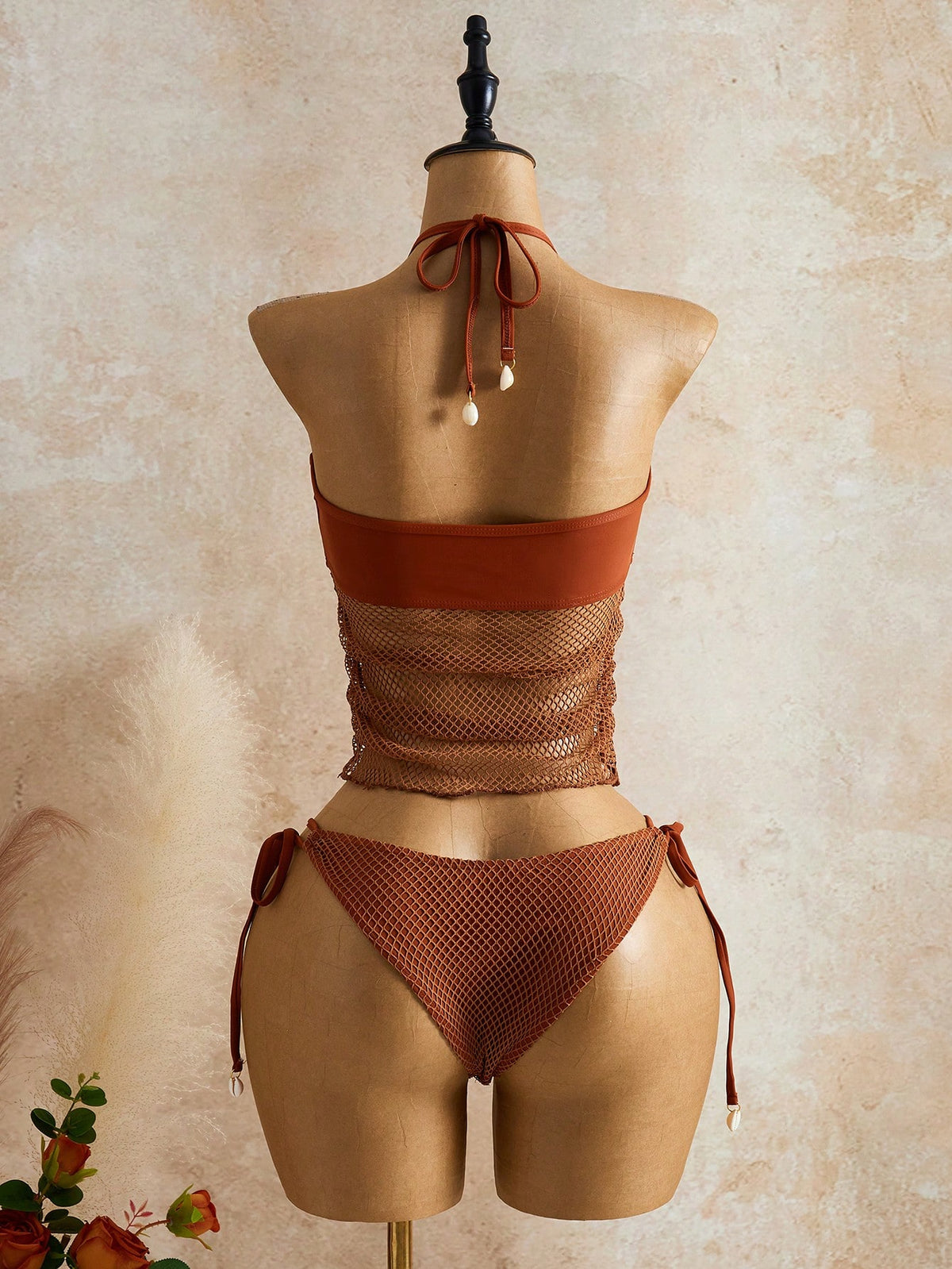 Bellisia Women's Summer Beach Solid Color Mesh Halter Tie Fashionable Tankini Swimwear Set