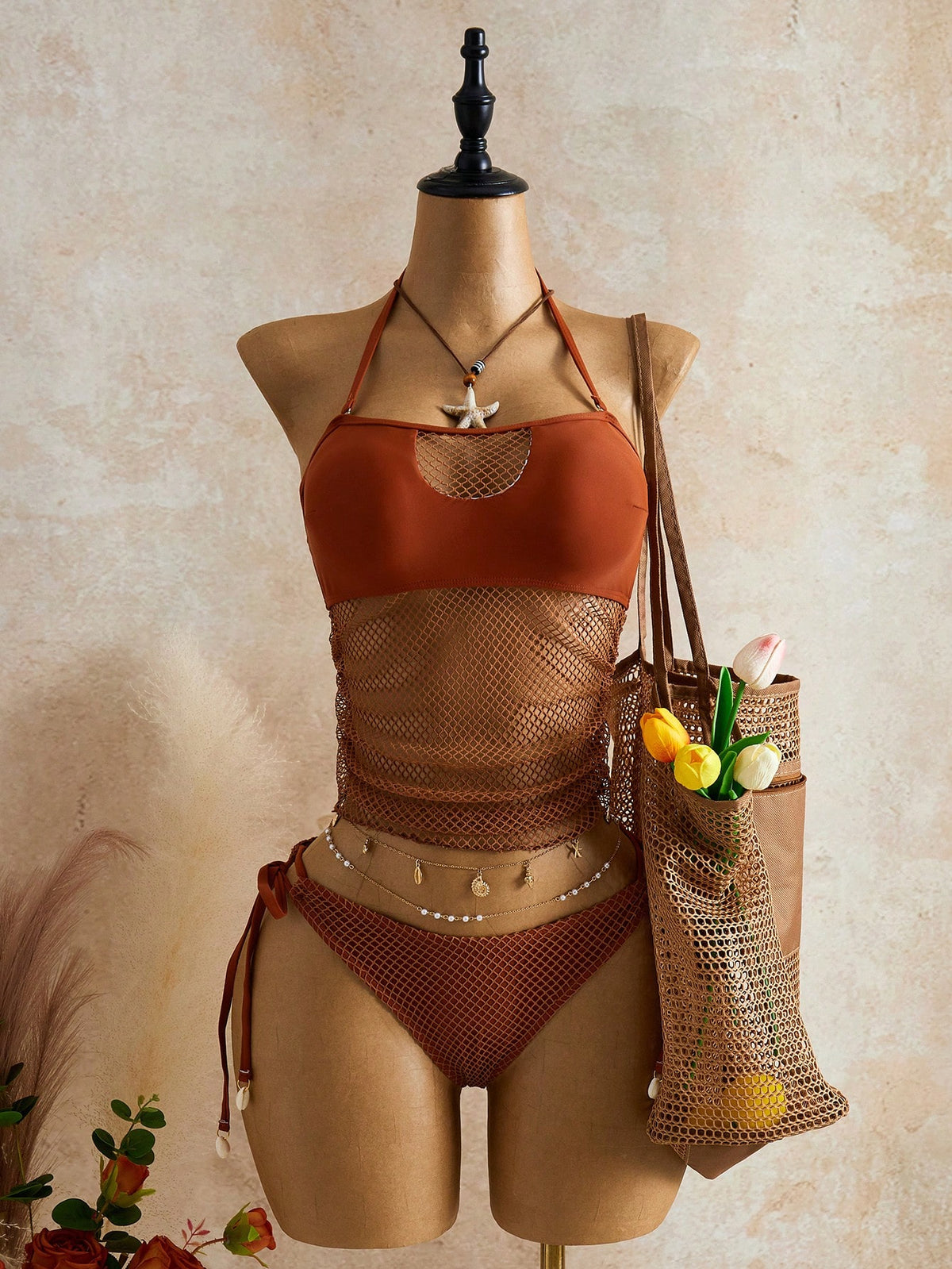 Bellisia Women's Summer Beach Solid Color Mesh Halter Tie Fashionable Tankini Swimwear Set