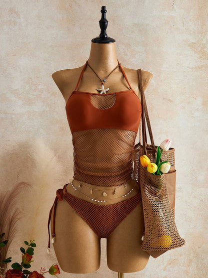 Bellisia Women's Summer Beach Solid Color Mesh Halter Tie Fashionable Tankini Swimwear Set