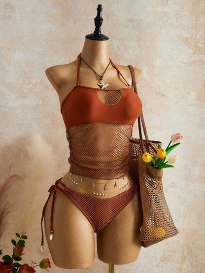 Bellisia Women's Summer Beach Solid Color Mesh Halter Tie Fashionable Tankini Swimwear Set