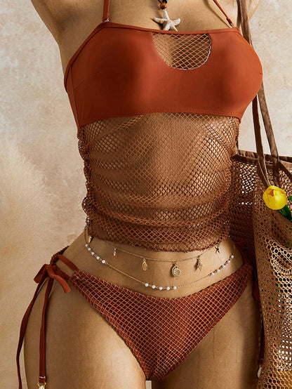 Bellisia Women's Summer Beach Solid Color Mesh Halter Tie Fashionable Tankini Swimwear Set