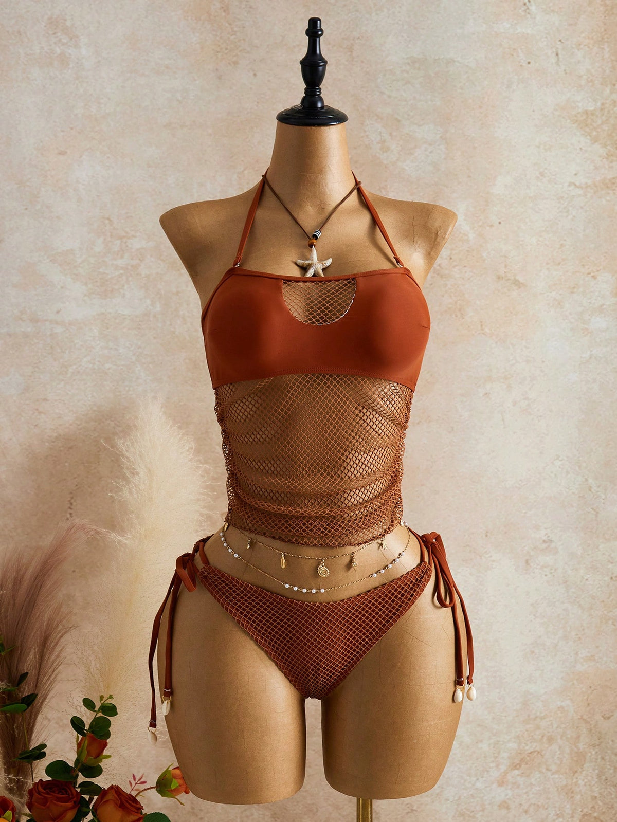 Bellisia Women's Summer Beach Solid Color Mesh Halter Tie Fashionable Tankini Swimwear Set