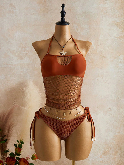 Bellisia Women's Summer Beach Solid Color Mesh Halter Tie Fashionable Tankini Swimwear Set