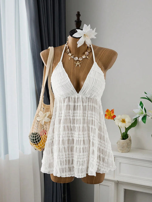 Bellisia Women's Textured Pleated Fabric Short Cover-Up Slip Dress, White Summer Boho Holiday Party Beach Resort Vacation Swimsuit,Weddings & Events