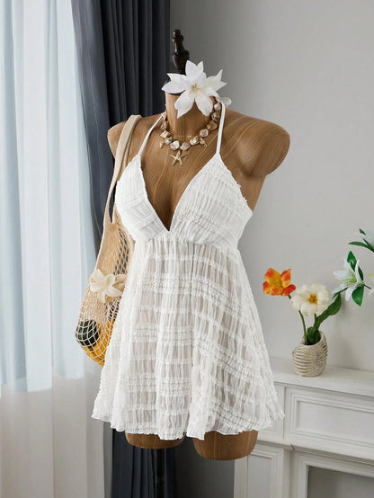 Bellisia Women's Textured Pleated Fabric Short Cover-Up Slip Dress, White Summer Boho Holiday Party Beach Resort Vacation Swimsuit,Weddings & Events