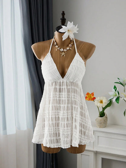 Bellisia Women's Textured Pleated Fabric Short Cover-Up Slip Dress, White Summer Boho Holiday Party Beach Resort Vacation Swimsuit,Weddings & Events