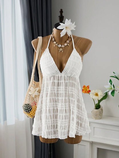 Bellisia Women's Textured Pleated Fabric Short Cover-Up Slip Dress, White Summer Boho Holiday Party Beach Resort Vacation Swimsuit,Weddings & Events