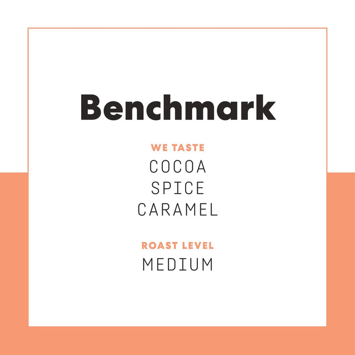 Poster showing Benchmark tasting notes with cocoa spice and roast level on a white page framed by peach border