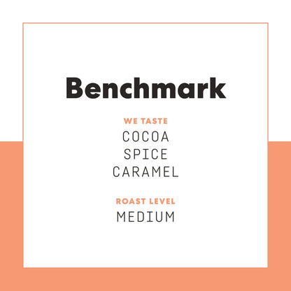Poster showing Benchmark tasting notes with cocoa spice and roast level on a white page framed by peach border