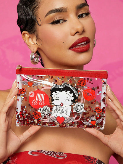 Betty Boop x 1 Character Pattern Printed Lightweight Polyester Fiber Cosmetic Bag, Suitable For Storing Cosmetics, Stationery, Daily Necessities, Digital Products, Very Suitable For Commuting, S