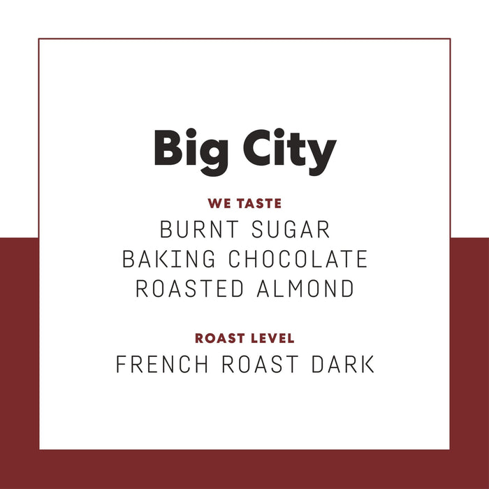Poster style product header reading Big City with a burgundy border and tasting notes burnt sugar roasted almond