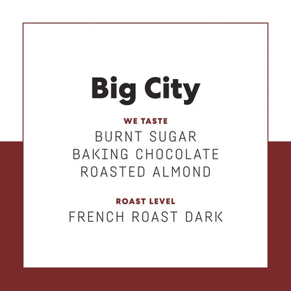 Poster style product header reading Big City with a burgundy border and tasting notes burnt sugar roasted almond