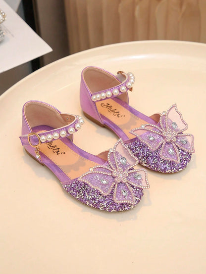 Big Kids Girls Princess Flats Bowknot Rhinestone Pearl Decor School Casual Shoes
