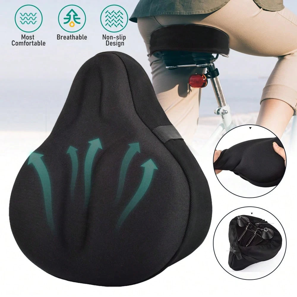 Bike Seat Cover, Bike Seat Cushion, Bike Seat Pad, Soft Silicone Padded Bike Seat Cover With Breathable Fabric Surface, Non-Slip Secure Strap Design Shock Absorbing Comfort Bicycle Cushion, Reduce Hi