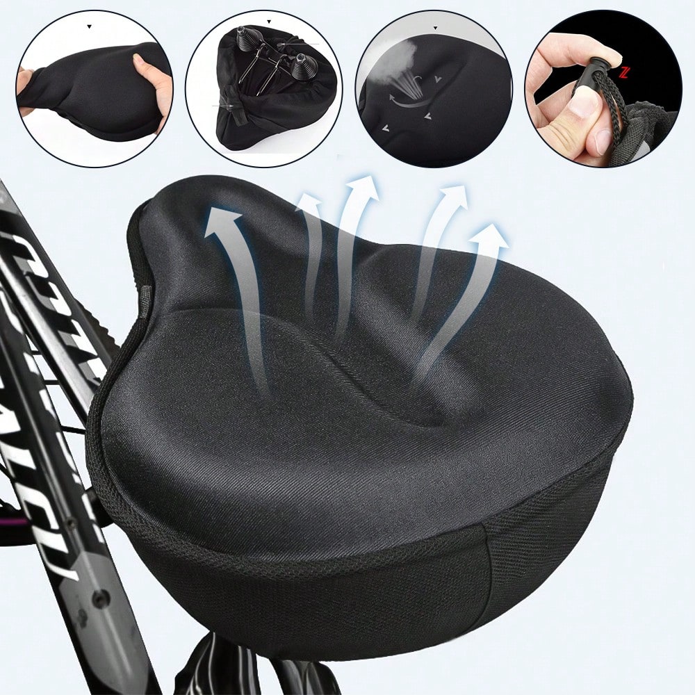 Bike Seat Cover, Bike Seat Cushion, Bike Seat Pad, Soft Silicone Padded Bike Seat Cover With Breathable Fabric Surface, Non-Slip Secure Strap Design Shock Absorbing Comfort Bicycle Cushion, Reduce Hi