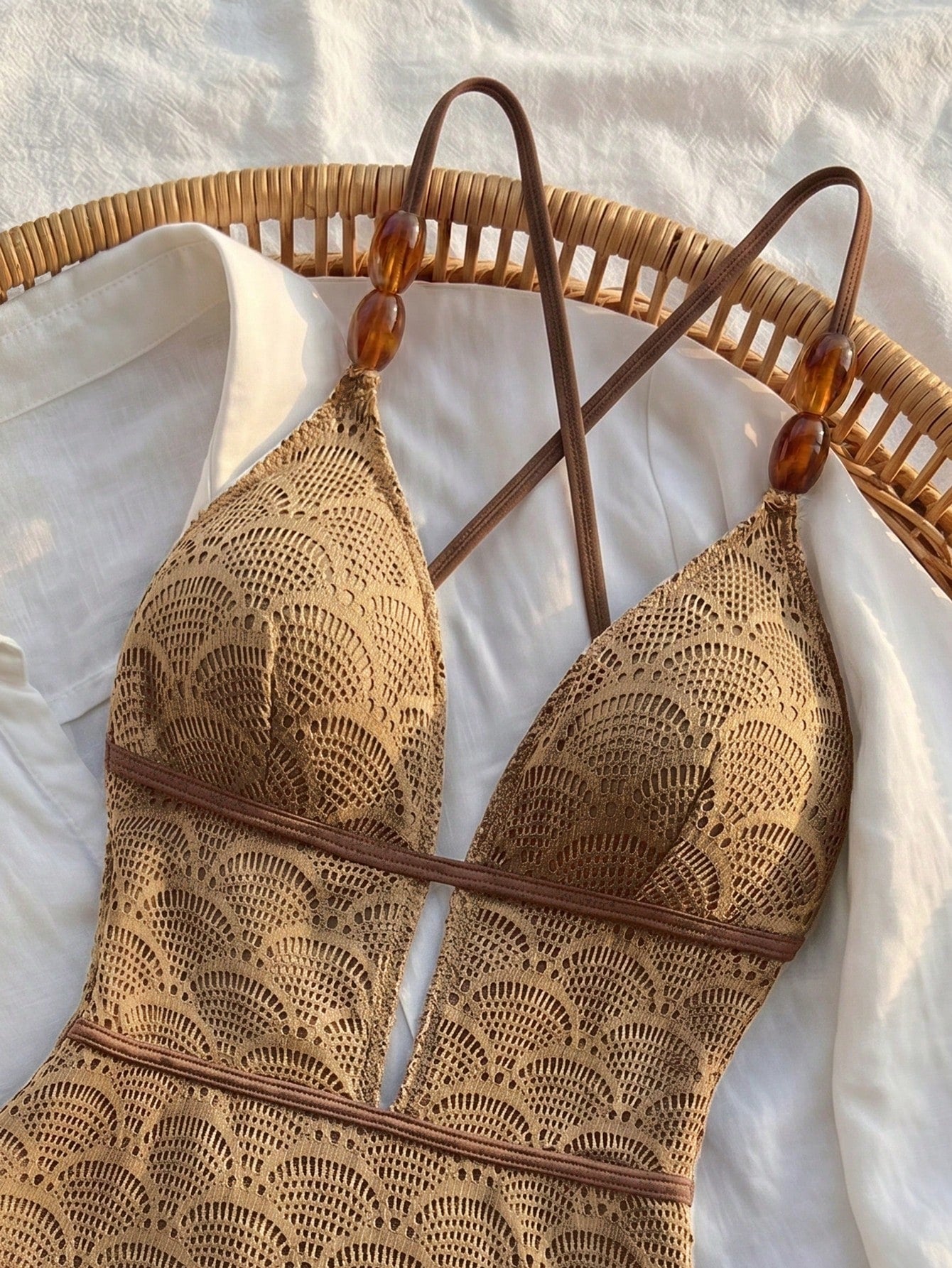 Bikinx Women's Boho Crochet Lace Up V Neck One Piece Swimsuit With Bead Detail Elegant Sleeveless For Summer Vacation Beach Brown, For Her