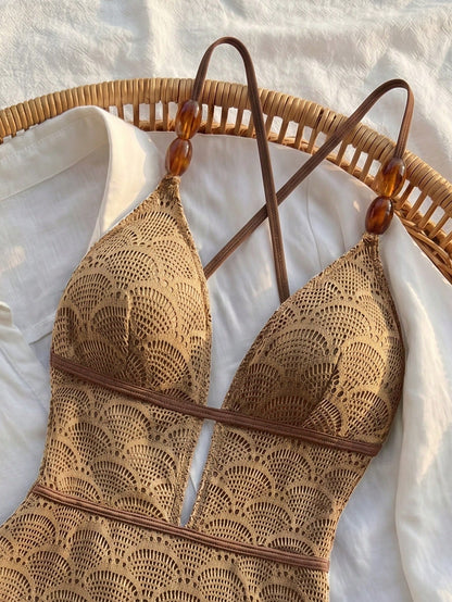 Bikinx Women's Boho Crochet Lace Up V Neck One Piece Swimsuit With Bead Detail Elegant Sleeveless For Summer Vacation Beach Brown, For Her