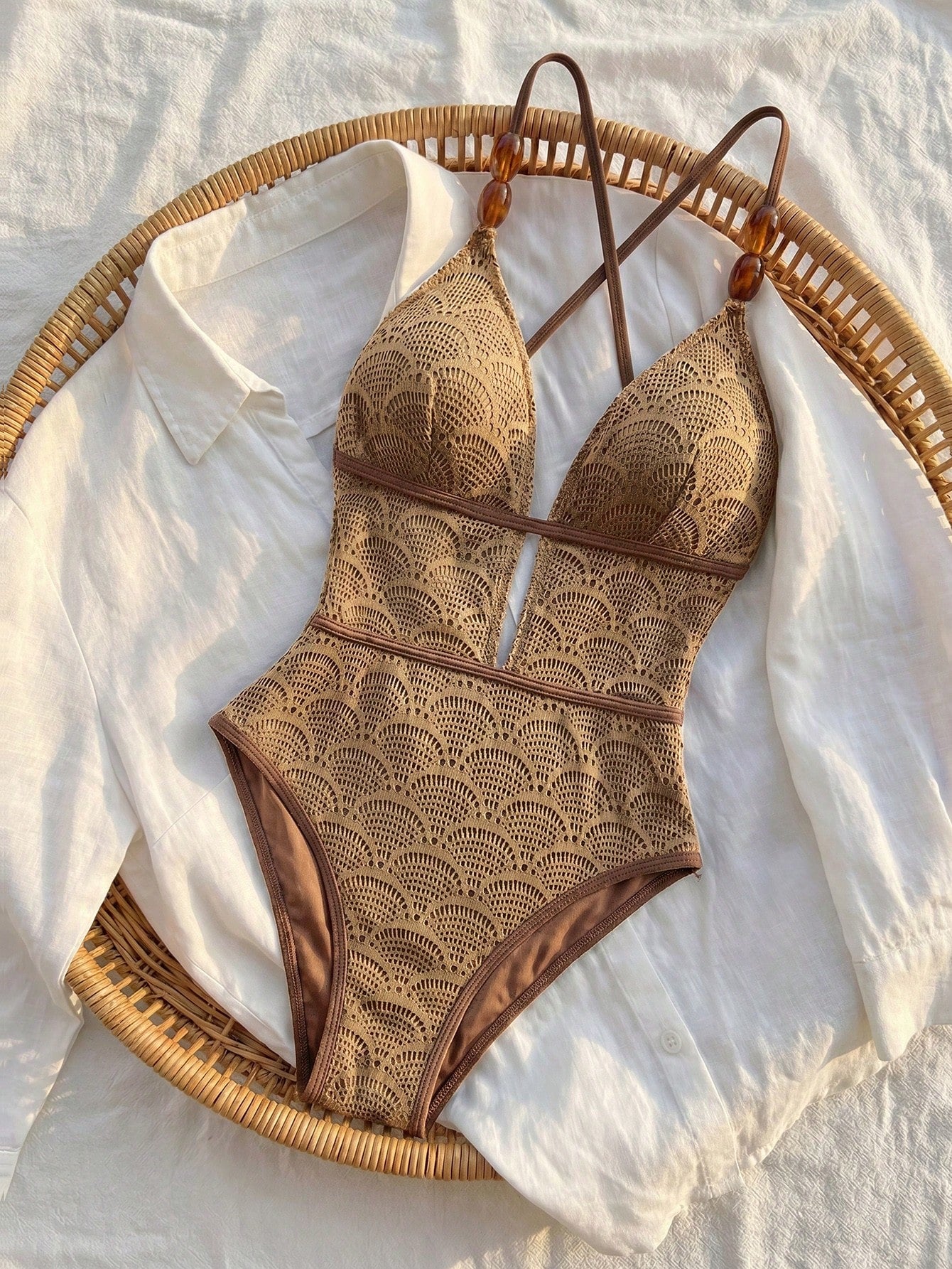 Bikinx Women's Boho Crochet Lace Up V Neck One Piece Swimsuit With Bead Detail Elegant Sleeveless For Summer Vacation Beach Brown, For Her