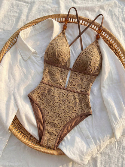 Bikinx Women's Boho Crochet Lace Up V Neck One Piece Swimsuit With Bead Detail Elegant Sleeveless For Summer Vacation Beach Brown, For Her