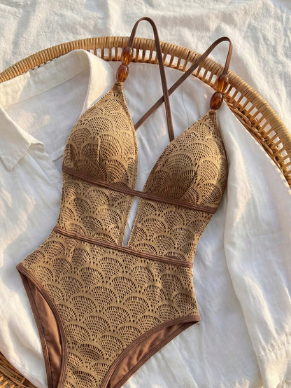 Bikinx Women's Boho Crochet Lace Up V Neck One Piece Swimsuit With Bead Detail Elegant Sleeveless For Summer Vacation Beach Brown, For Her