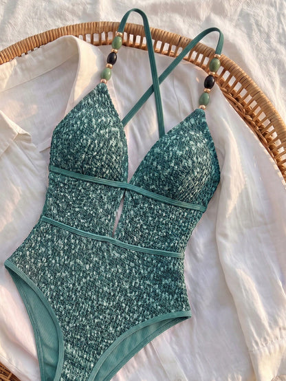Bikinx Women's Deep V-Neck One-Piece Swimsuit, Beaded Shoulder Straps, Criss-Cross Back Tie Bikini, Suitable For Beach Vacation Summer