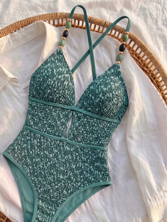 Bikinx Women's Deep V-Neck One-Piece Swimsuit, Beaded Shoulder Straps, Criss-Cross Back Tie Bikini, Suitable For Beach Vacation Summer