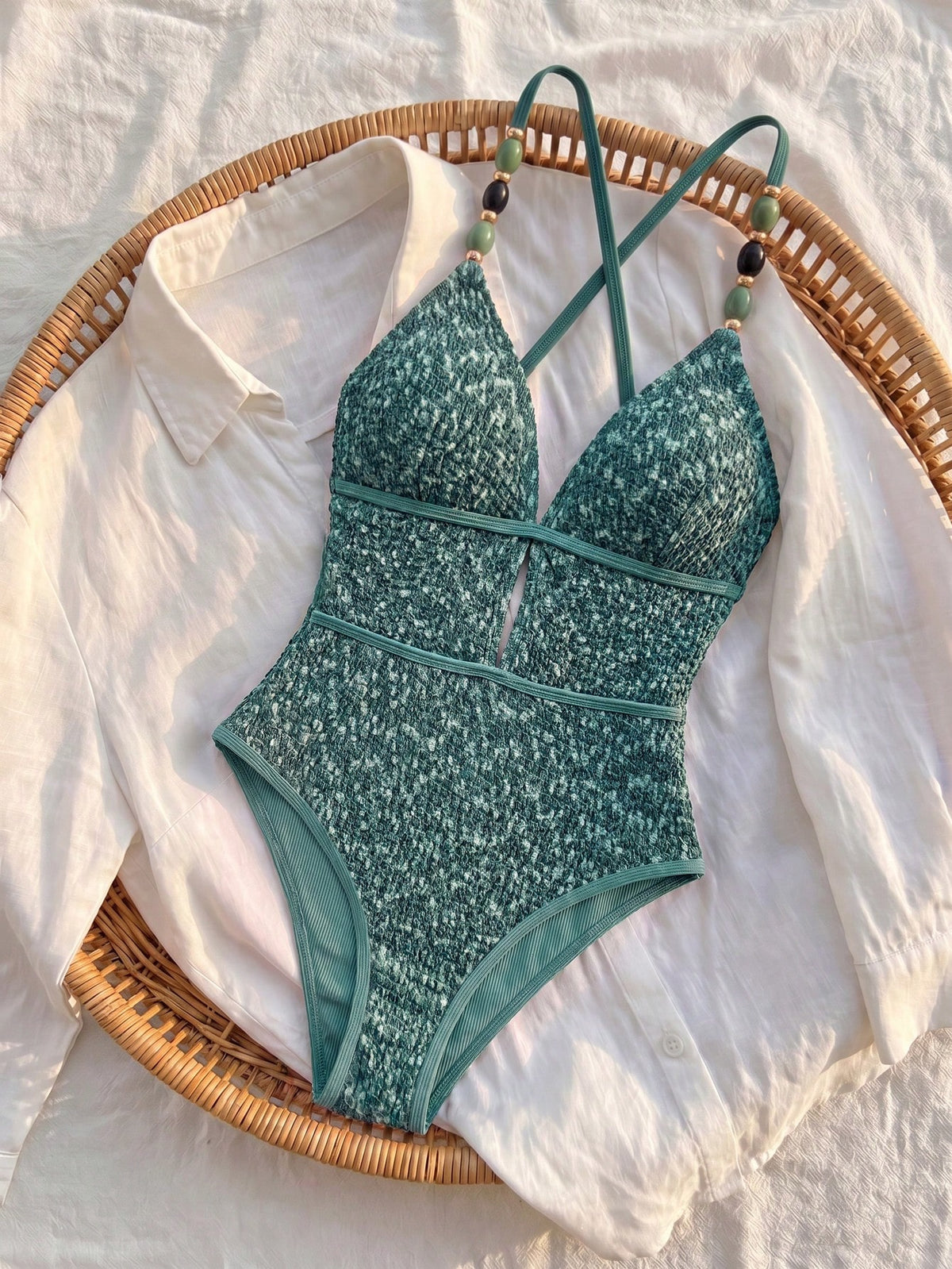 Bikinx Women's Deep V-Neck One-Piece Swimsuit, Beaded Shoulder Straps, Criss-Cross Back Tie Bikini, Suitable For Beach Vacation Summer