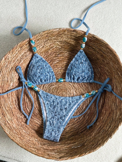 Bikinx Women's Elegant Textured Halter Beaded Bikini Set, Side Tie Swim Bottoms, Backless Tie Swimwear, Suitable For Beach Vacation Summer
