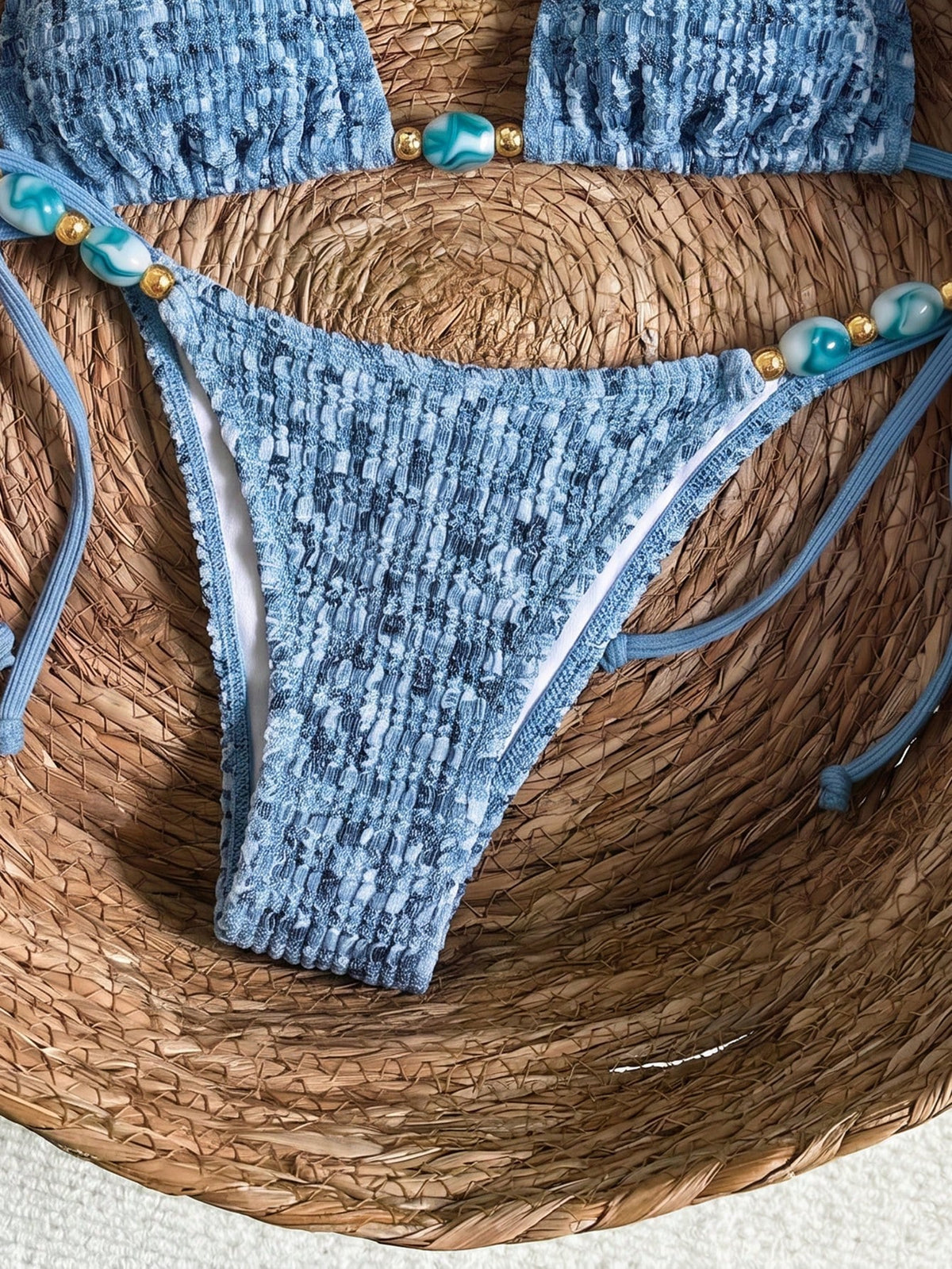 Bikinx Women's Elegant Textured Halter Beaded Bikini Set, Side Tie Swim Bottoms, Backless Tie Swimwear, Suitable For Beach Vacation Summer
