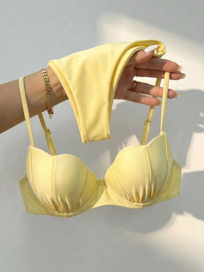 Bikinx Women's Yellow Shell-Shaped Cup Bikini Set With Spaghetti Strap, Back Tie Swimsuit, Suitable For Beach Vacation Summer