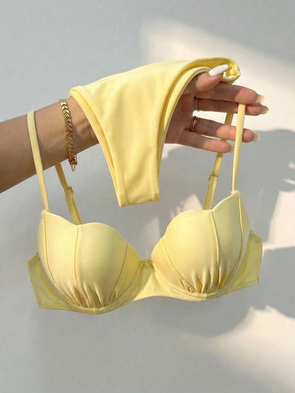 Bikinx Women's Yellow Shell-Shaped Cup Bikini Set With Spaghetti Strap, Back Tie Swimsuit, Suitable For Beach Vacation Summer