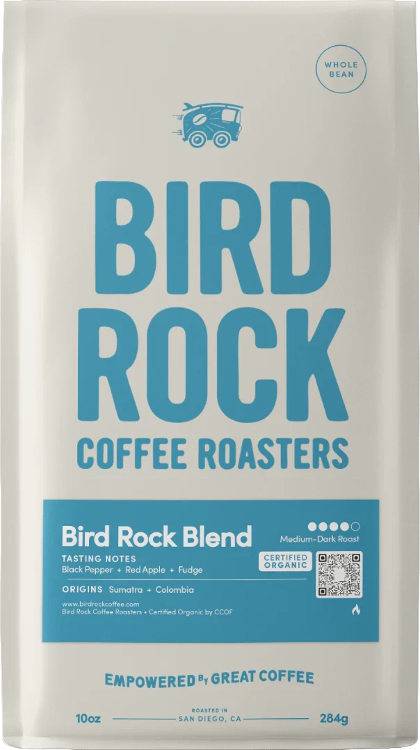 Bird Rock Blend coffee bag with bold blue branding and a tasting notes panel.